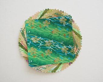 Paquete de 20 hojas de papel washi origami con temática verde y dorada, 14 x 14 cm