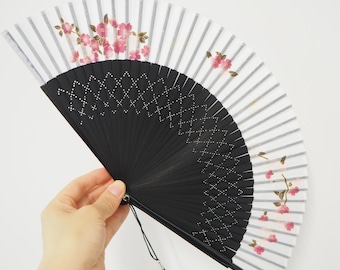 Folding Fan, Black with Pink Plum Flowers, Traditional beautiful accessories, Wedding Events
