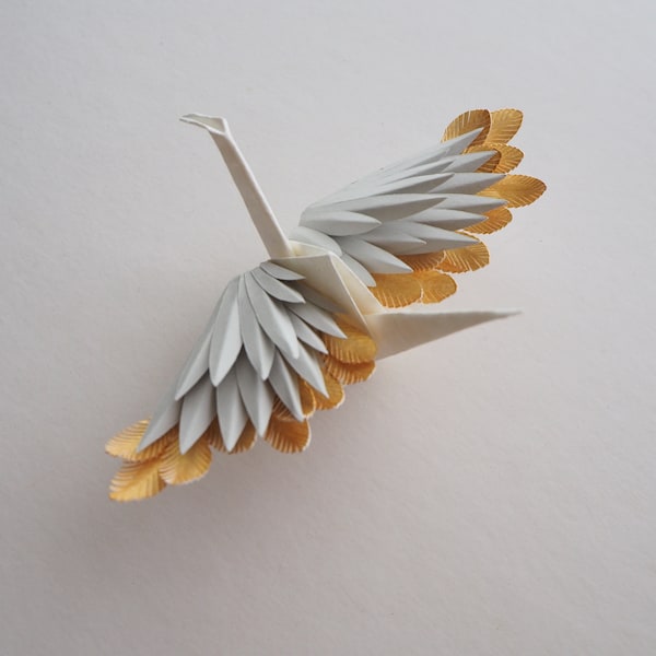 Origami Feathered Crane, Golden,  Handmade, Gift for Her, Gifts for Him, Valentines Day