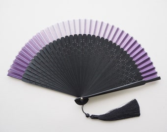 New Folding Fan - Purple Gradient Black Fan with a tassel - Comes with a fan case