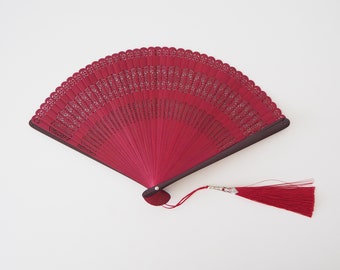 Wooden Folding Fan - Flower, burgundy