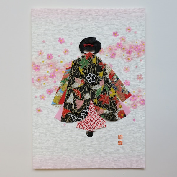 Handmade Origami Doll Greeting Card B, Little Geisha, Japanese Yuzen Washi Paper, Mothers Day Card, For Her