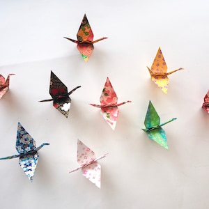Pack of 10 Handmade Japanese Yuzen Washi Paper Origami Cranes, Decorations, Unusual Wedding Favours,
