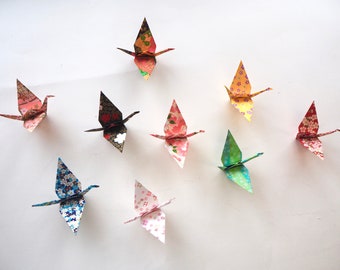 Pack of 10 Handmade Japanese Yuzen Washi Paper Origami Cranes, Decorations, Unusual Wedding Favours,