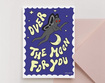 Over the Moon Mothman Valentine greeting card