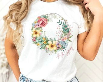 Floral Wreath Hello Spring Short Sleeve Tee