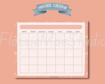 Cute Strawberry Printable Calendar Template | PDF Digital Template | Blank Calendar | Cute Pink Fill In Calendar