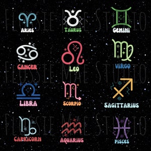 12 Zodiac Signs Digital Download, Zodiac Symbols Digital Download, Astrology Symbols Digital Download, Colorful Zodiac Symbols, SVG, PNG
