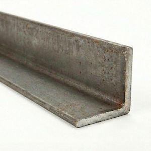 May include: A weathered, L-shaped steel angle iron, ideal for construction or metalworking projects. The metal has a gray color with visible rust, indicating its exposure to the elements. The angle iron is shown against a white background.