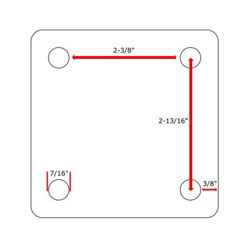 May include: A square, off-white object with rounded corners and four circular holes. Red arrows indicate measurements: 2-3/8 inches, 2-13/16 inches, 7/16 inch, and 3/8 inch. The object appears to be a template or a component.
