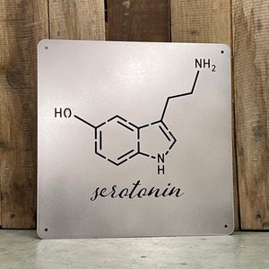May include: A square, silver metal sign featuring a black line drawing of the serotonin chemical structure. The word "serotonin" is written in cursive script below the structure. The sign has four small holes, one in each corner.