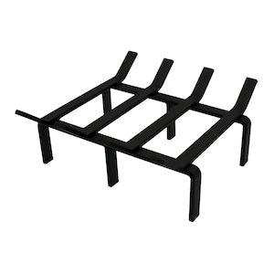 May include: Black metal fireplace grate with four legs and three horizontal bars.