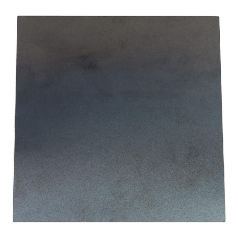 May include: A square, metal plate with a dark, mottled finish. The surface has a gradient effect, transitioning from a darker shade at the top to a lighter tone towards the bottom. The edges are clean and straight.