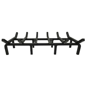 May include: A black fireplace grate with a rectangular design. The grate has a series of horizontal bars supported by vertical legs, designed to hold logs for a fire. The metal grate is a practical and functional accessory for a fireplace.