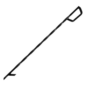 May include: Black metal fireplace poker with a twisted handle and a hook at the end.