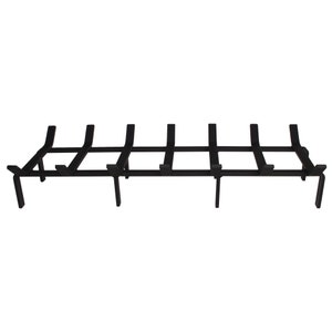 May include: Black metal fireplace grate with six vertical bars and a horizontal bar connecting them. The grate is designed to hold logs in place for burning.