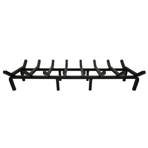 May include: Black metal fireplace grate with a traditional design. The grate has seven horizontal bars and four vertical legs.