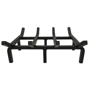 May include: Black metal fireplace grate with four horizontal bars and four legs. The grate is designed to hold logs in a fireplace.