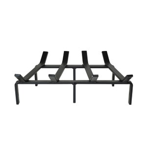 May include: Black metal fireplace grate with four angled bars and a square base.