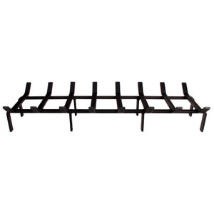 May include: Black metal fireplace grate with eight curved bars and four legs. The grate is designed to hold logs in place for a more efficient fire.