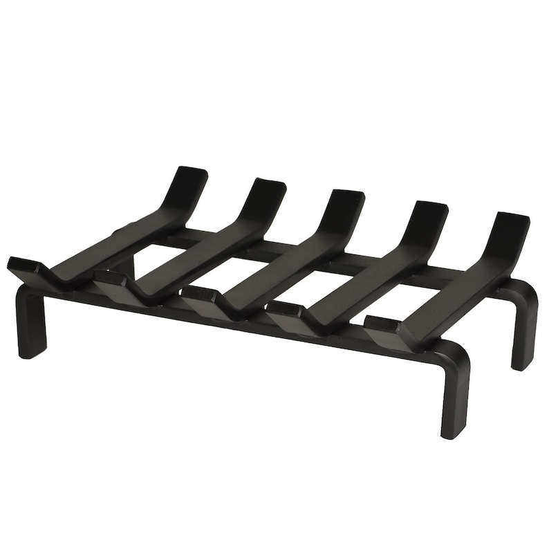 Puede incluir: Rejilla de chimenea de metal negro con cinco barras curvas y dos patas.