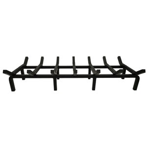 May include: A black metal fireplace grate with a rectangular design. The grate has a series of horizontal bars supported by vertical legs and angled supports, designed to hold firewood.
