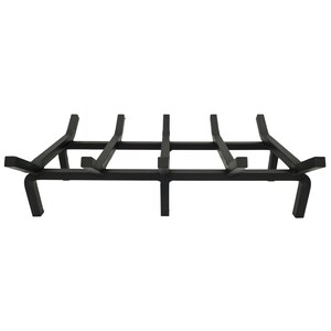 May include: Black metal fireplace grate with five horizontal bars and four vertical supports. The grate is designed to hold logs in place for burning.