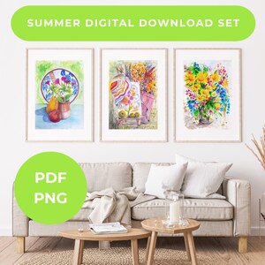 Conjunto de acuarelas brillantes de flores silvestres, descarga digital, póster, impresiones, arte mural floral colorido de verano, PDF, PNG, tamaño A3, tamaño A4, carta