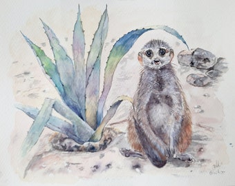 Meerkat Illustration, Meerkat painting, Wild animals watercolor,  Funny Meerkat, Meerkat wall art