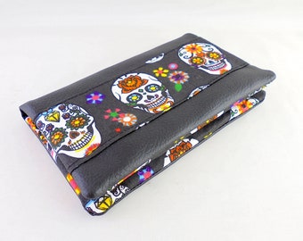 Tobacco joke, tobacco pouch in black imitation leather and colorful skull fabric