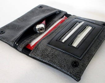 Tobacco joke, tobacco pouch in black imitation leather and gray imitation suede effect