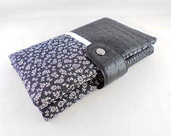 All-in-one wallet in black faux croc effect and black fabric with white flower