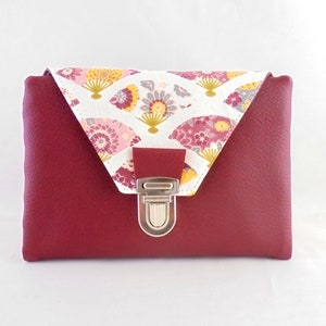 Portefeuille, porte carte, porte monnaie en simili cuir bordeaux et tissu éventails