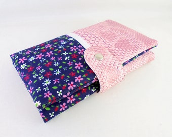 All-in-one wallet in pink dragon imitation leather and navy floral fabric