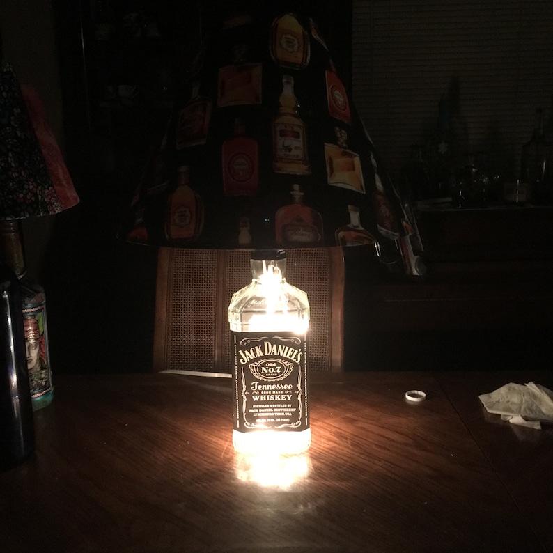 Repurposed upcycled Man Cave Rustic decor Alcohol Large Jack Daniels Bottle Lamp Fathers Day