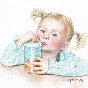 May include: A watercolor painting of a young girl with pigtails drinking from a clear plastic cup with a straw. She is wearing a light blue shirt with a floral pattern. The painting is signed "pippa menay".