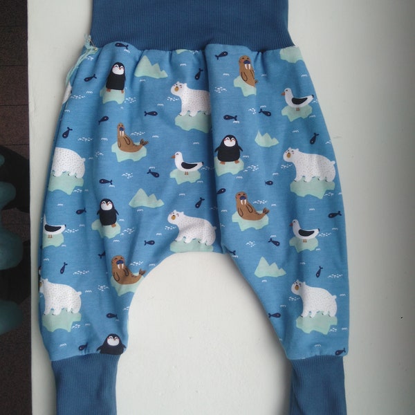 Sarouel bébé pantalon ample évolutif en coton bio de 6 à 24 mois mixte non genré sweat doux bleu lagon animaux polaires