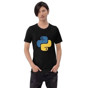 May include: A black t-shirt with a yellow and blue Python logo.