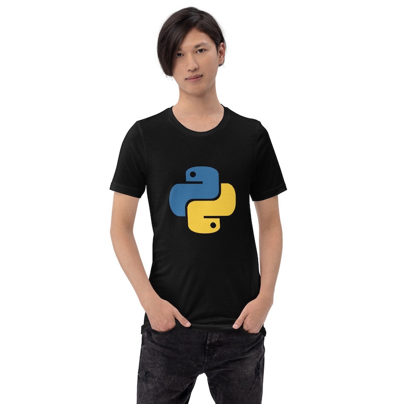 May include: A black t-shirt with a yellow and blue Python logo.