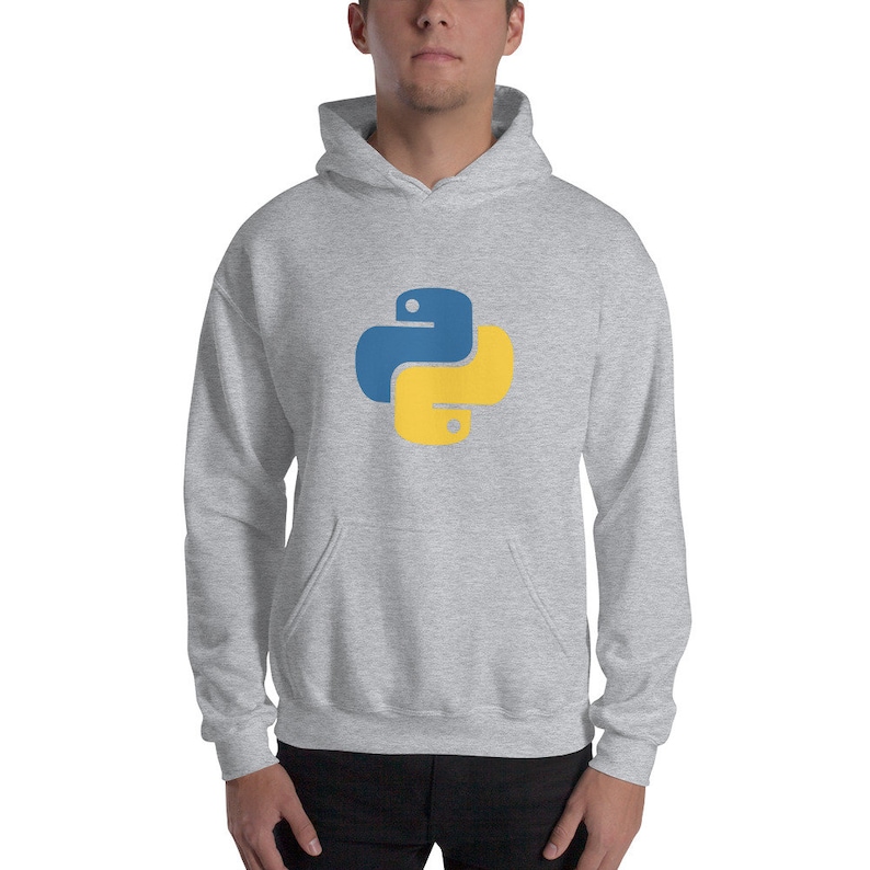 May include: A grey hooded sweatshirt with a yellow and blue Python logo on the front.