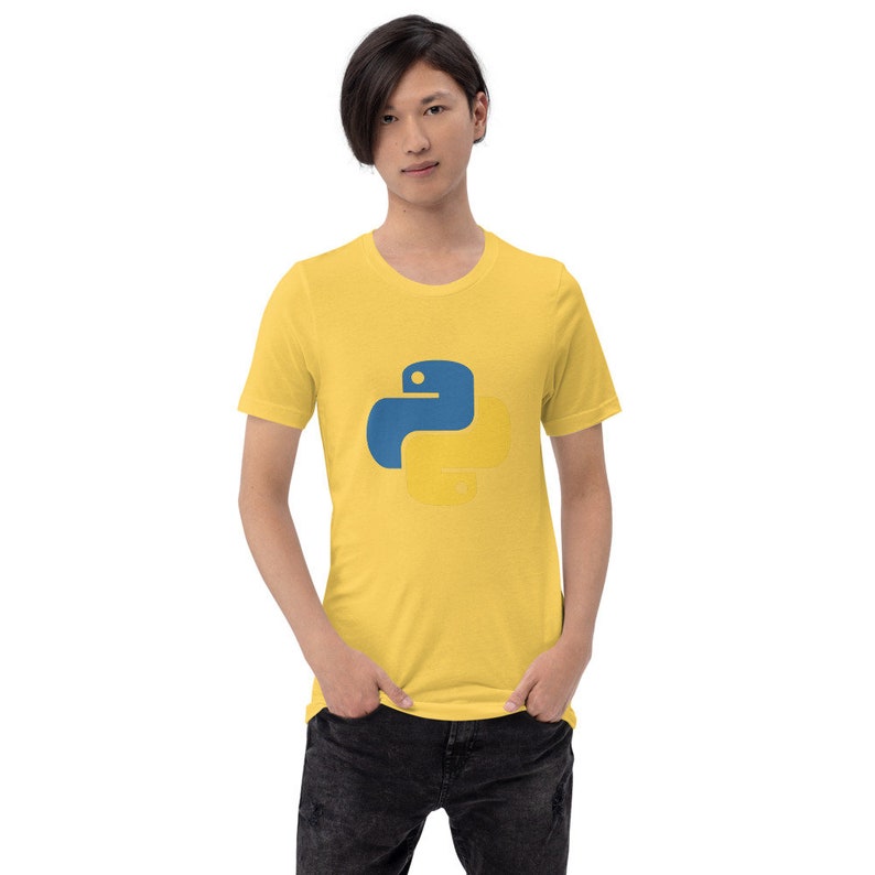 May include: A yellow short-sleeved t-shirt with a blue and yellow Python logo on the front.