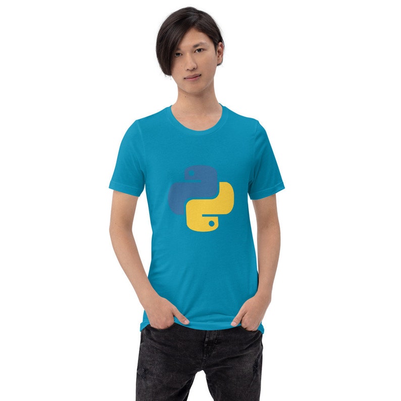 May include: A turquoise blue t-shirt with a yellow and blue Python logo.