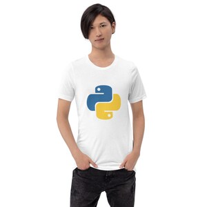 May include: A white t-shirt with a blue and yellow Python logo printed on the front.