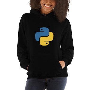May include: A black hoodie featuring a yellow and blue Python logo on the front.