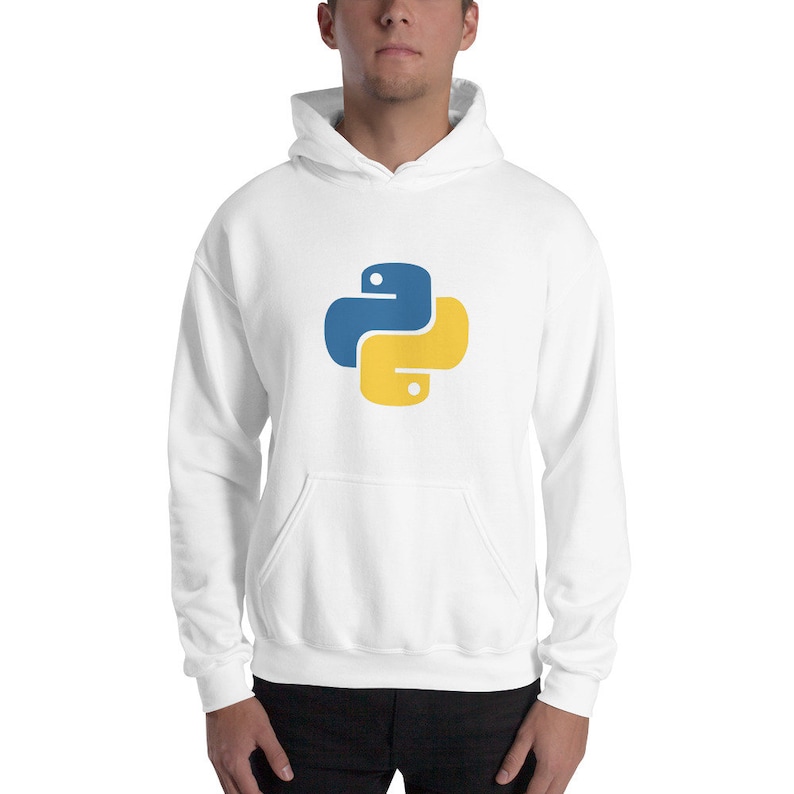 May include: White hooded sweatshirt with a blue and yellow Python logo on the front.