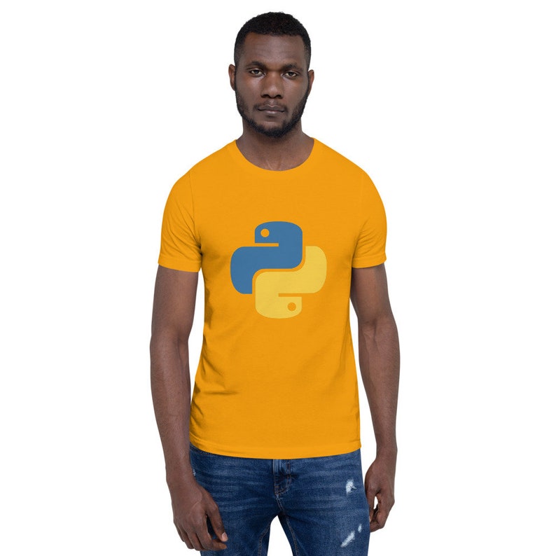May include: A yellow t-shirt with a blue Python logo on the front. The logo is a stylized snake with a yellow and blue design.