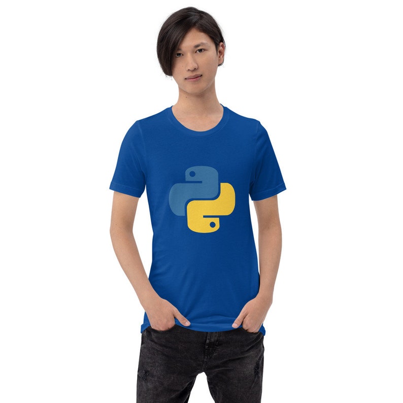 May include: A royal blue t-shirt with a yellow and blue Python logo.