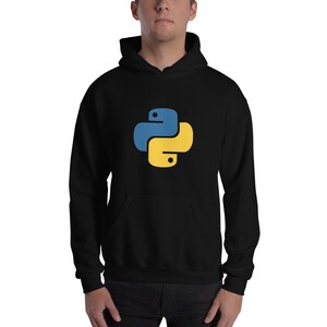 May include: Black hooded sweatshirt with a yellow and blue Python logo on the front.