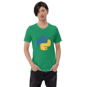 May include: A green t-shirt with the Python programming language logo in blue and yellow.