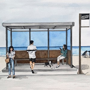 Watercolor painting, Original Art,  Art Print, Beach scene, Watercolor and ink, Bus stop scene